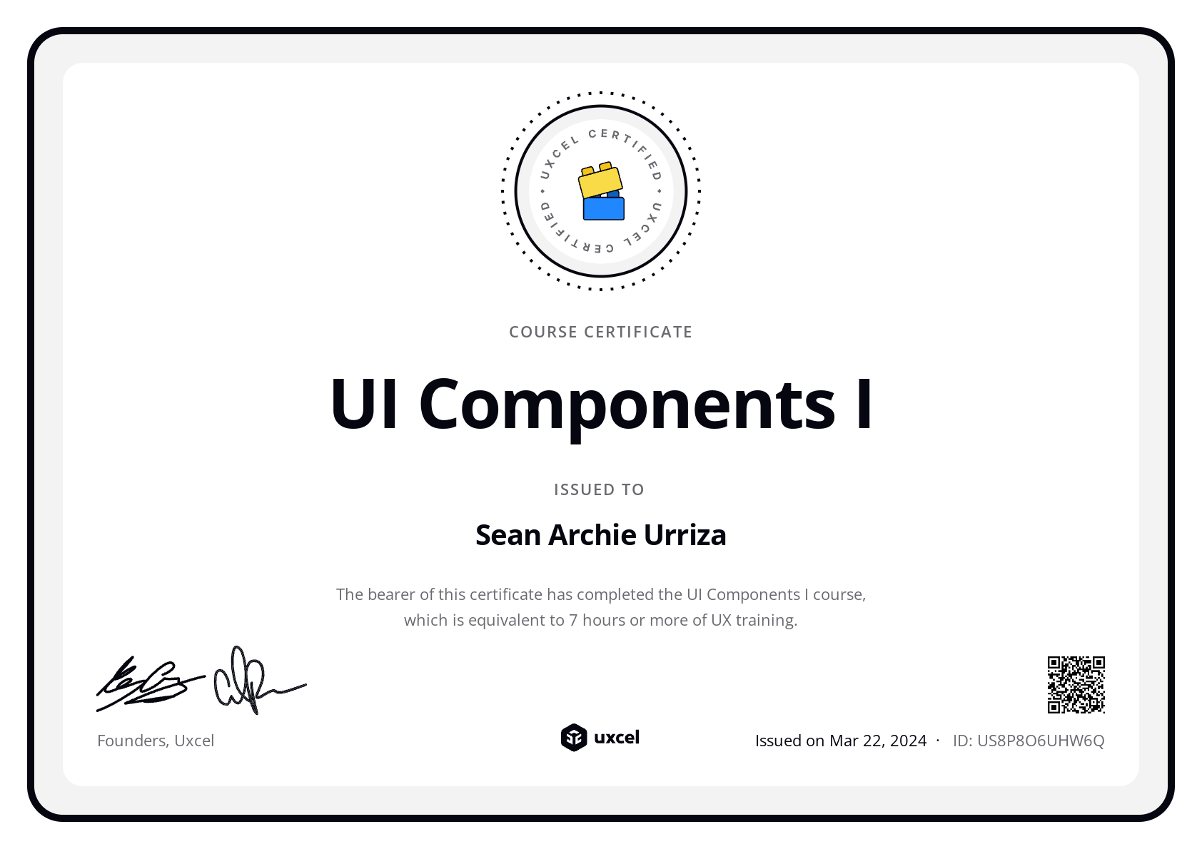 Sean Archie Urriza's certificate